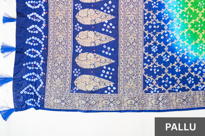 Royal Blue & Green Bandhani Silk Saree with Handwork & Zari Border
