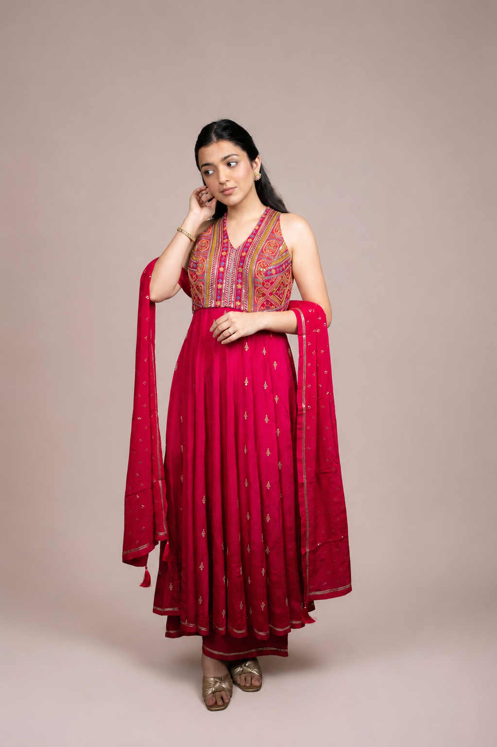 Ruby Pink Embroidered Anarkali Suit Set with Dupatta