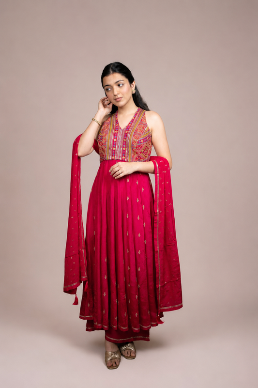 Ruby Pink Embroidered Anarkali Suit Set with Dupatta