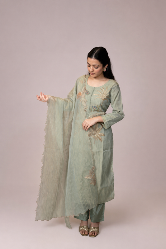 Sage Bloom Embroidered Straight Suit Set with Dupatta