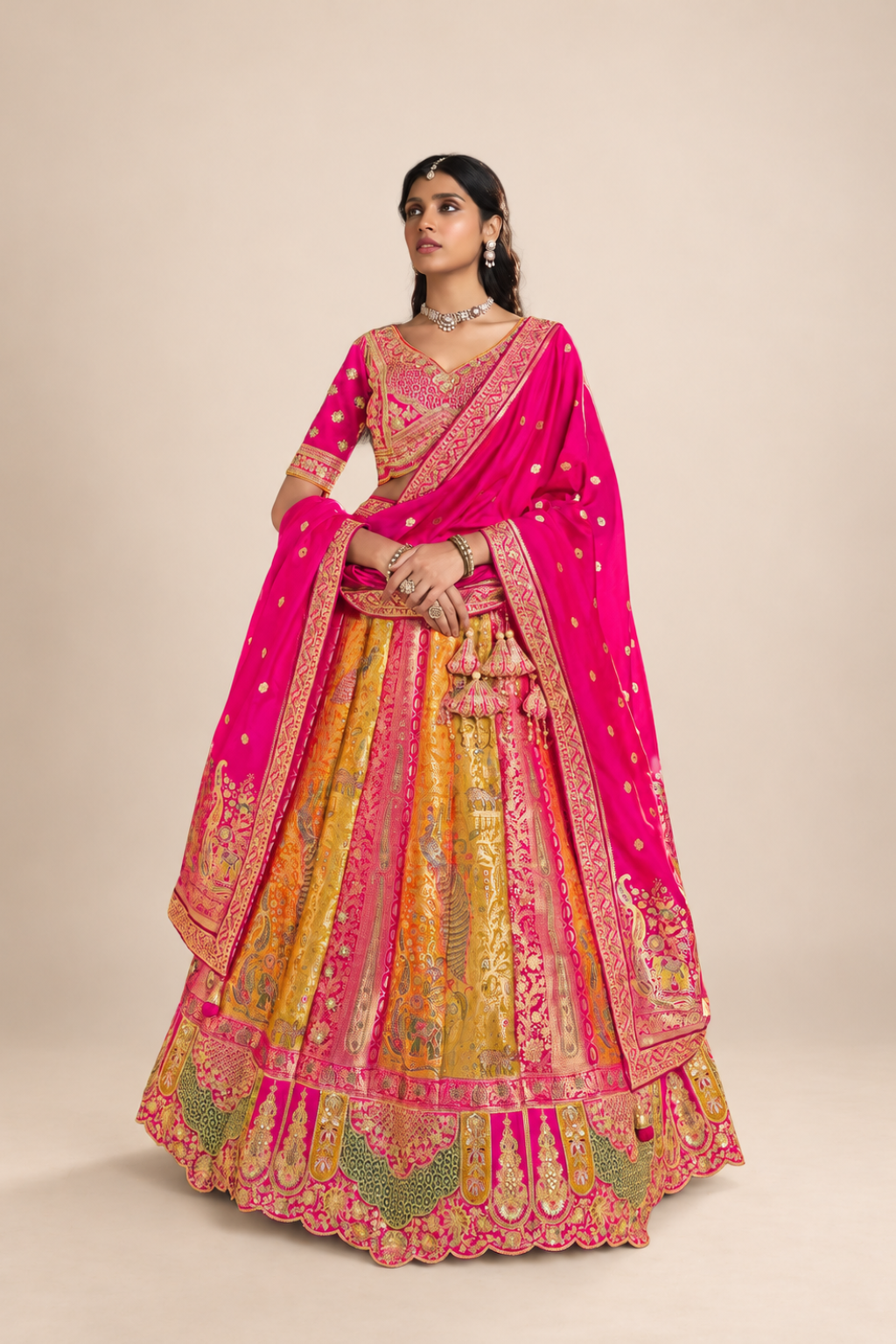 Royal Magenta Pink & Gold Embroidered Lehenga Set