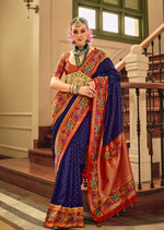 Load image into Gallery viewer, Navy Blue Banarasi Silk Saree with Floral Embroidered Border
