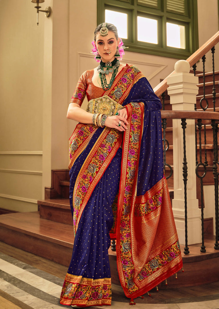 Navy Blue Banarasi Silk Saree with Floral Embroidered Border