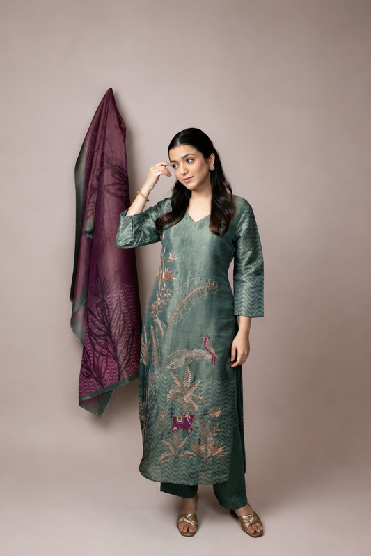 Forest Bloom Embroidered Straight Suit Set with Printed Dupatta