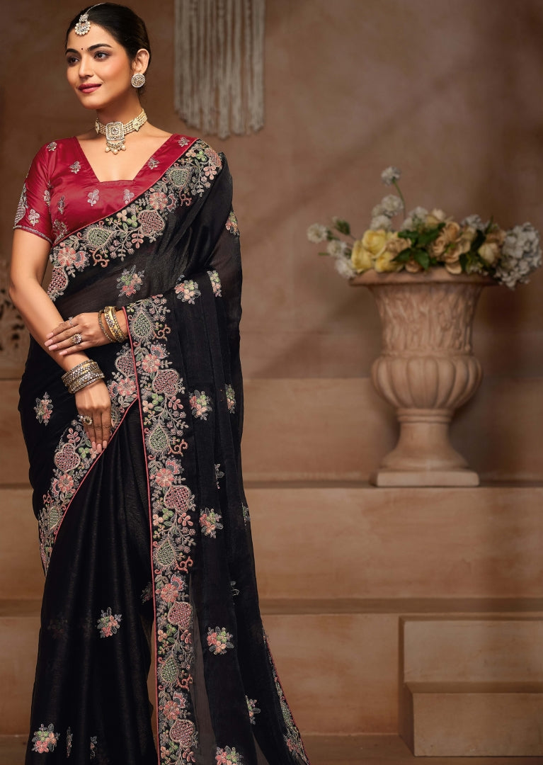 Black Georgette Saree with Floral Embroidery