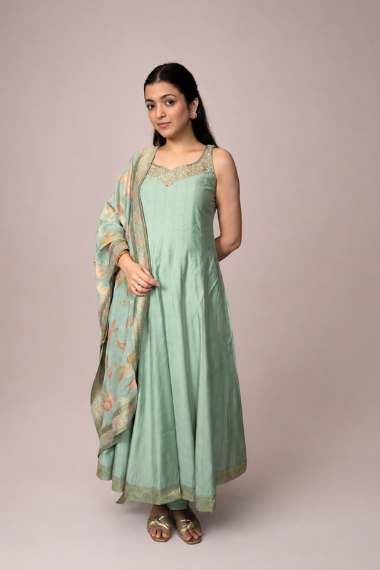 Mint Blossom Anarkali Suit Set with Floral Dupatta