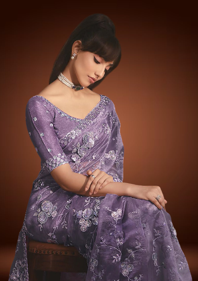 Purple Tissue Organza Saree with Sequin & Resham Work
