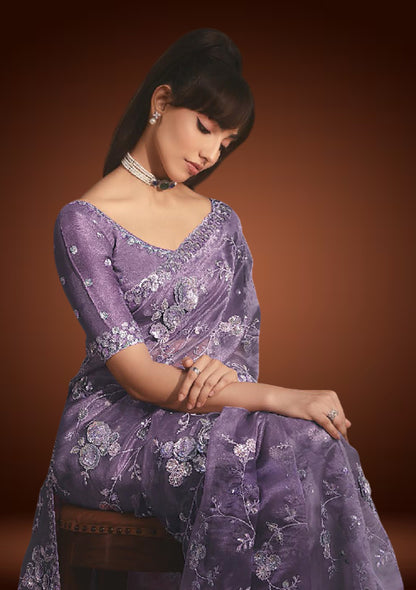 Purple Tissue Organza Saree with Sequin & Resham Work