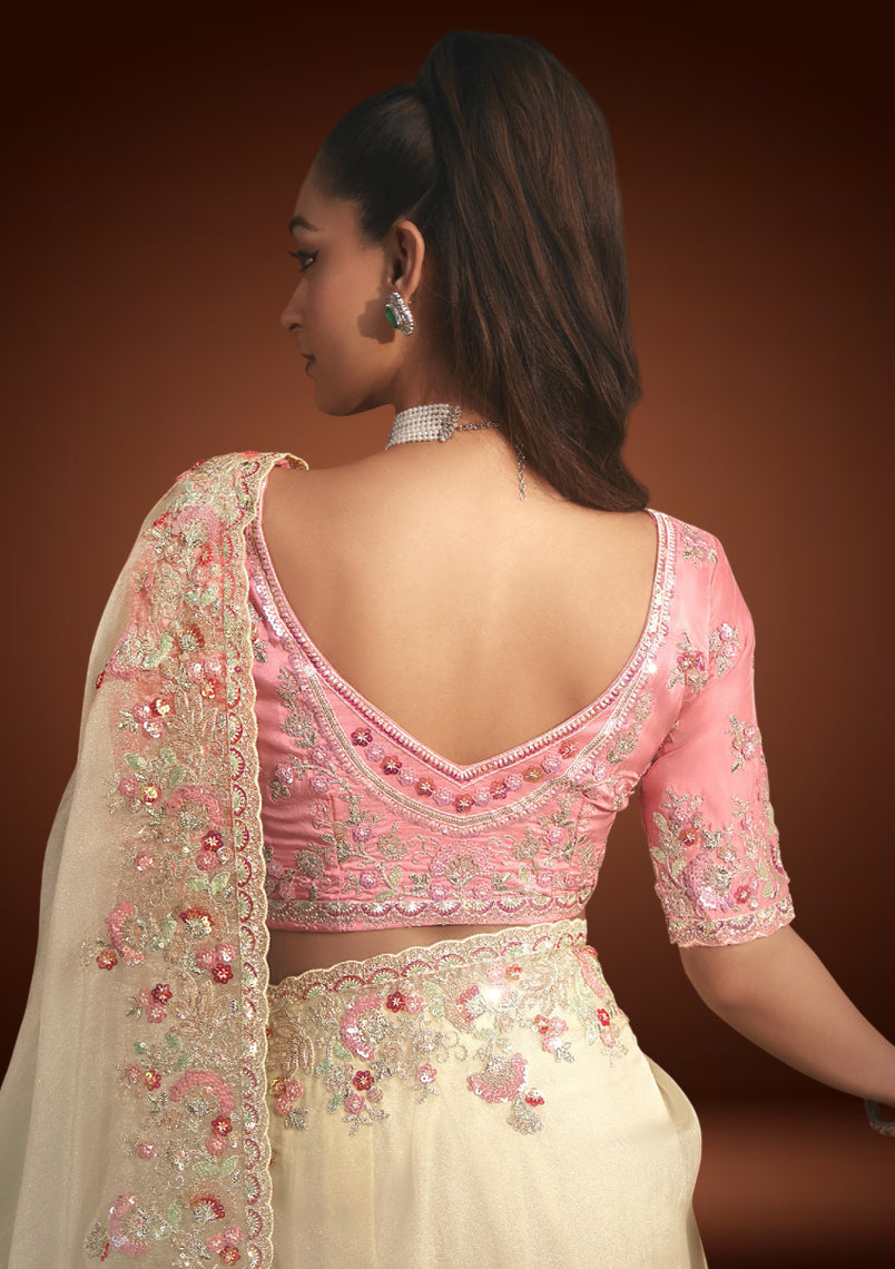 Off-White Tissue Organza Saree with Sequin & Resham Work