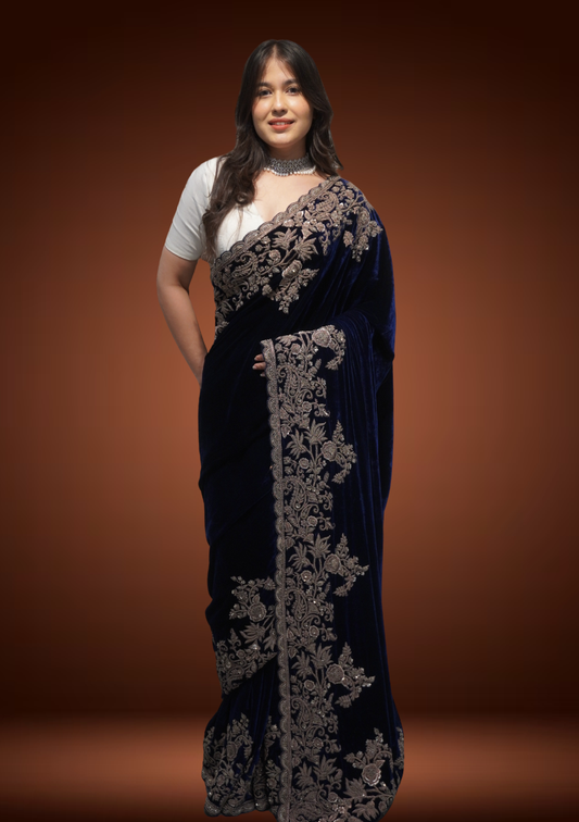 Royal Velvet Saree with Antique Zardozi Work