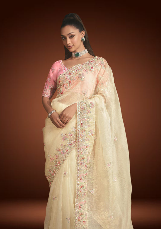 Off-White Tissue Organza Saree with Sequin & Resham Work