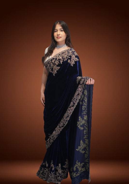 Royal Velvet Saree with Antique Zardozi Work