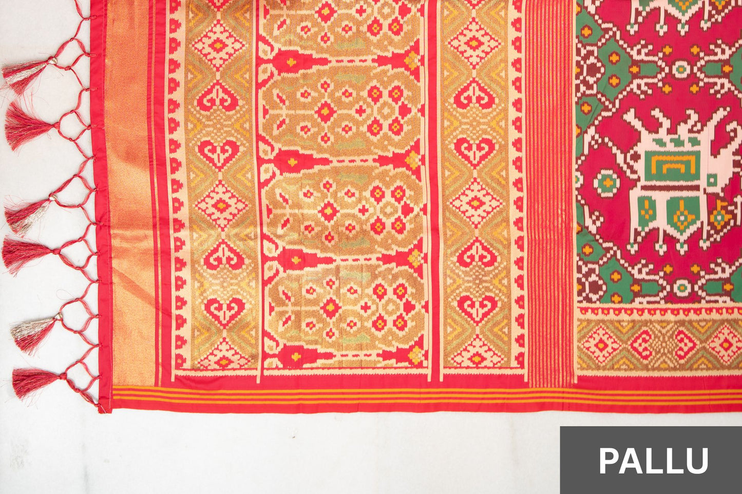 Royal Red Patola Art Silk Saree with Traditional Motifs & Tassels