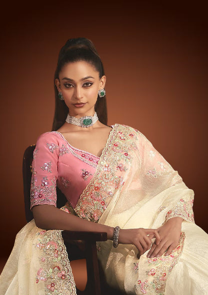 Off-White Tissue Organza Saree with Sequin & Resham Work