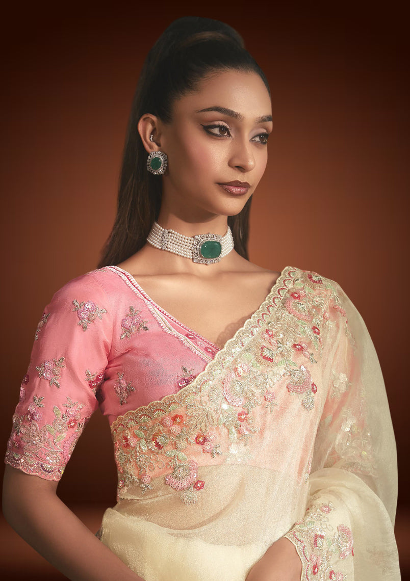 Off-White Tissue Organza Saree with Sequin & Resham Work
