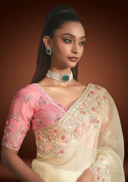 Off-White Tissue Organza Saree with Sequin & Resham Work