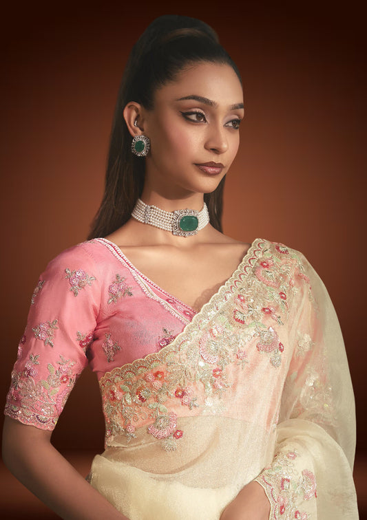 Off-White Tissue Organza Saree with Sequin & Resham Work