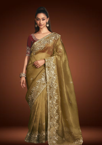 Golden Tissue Organza Saree with Sequin Work & Red Blouse