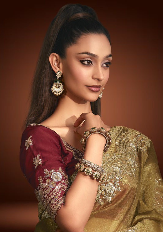 Golden Tissue Organza Saree with Sequin Work & Red Blouse