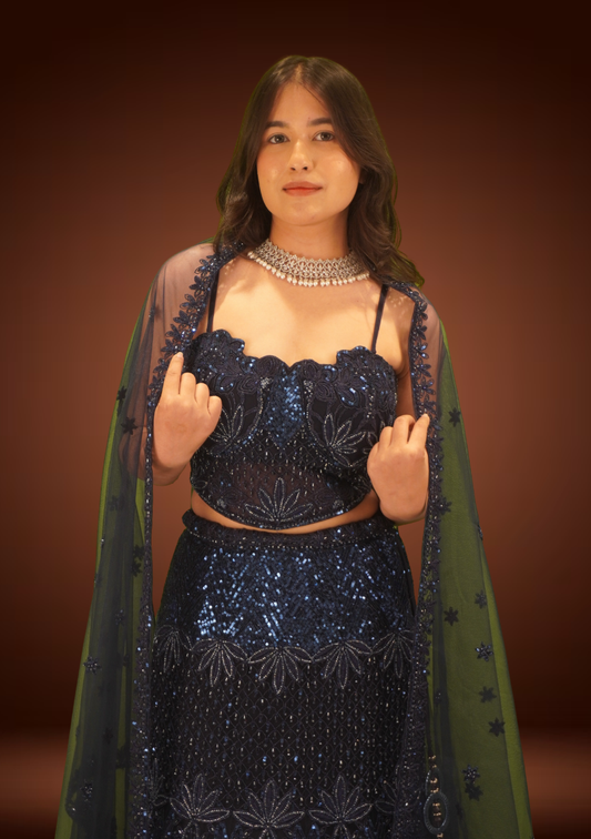 Midnight Glam Navy Blue Fish-Cut Lehenga Set