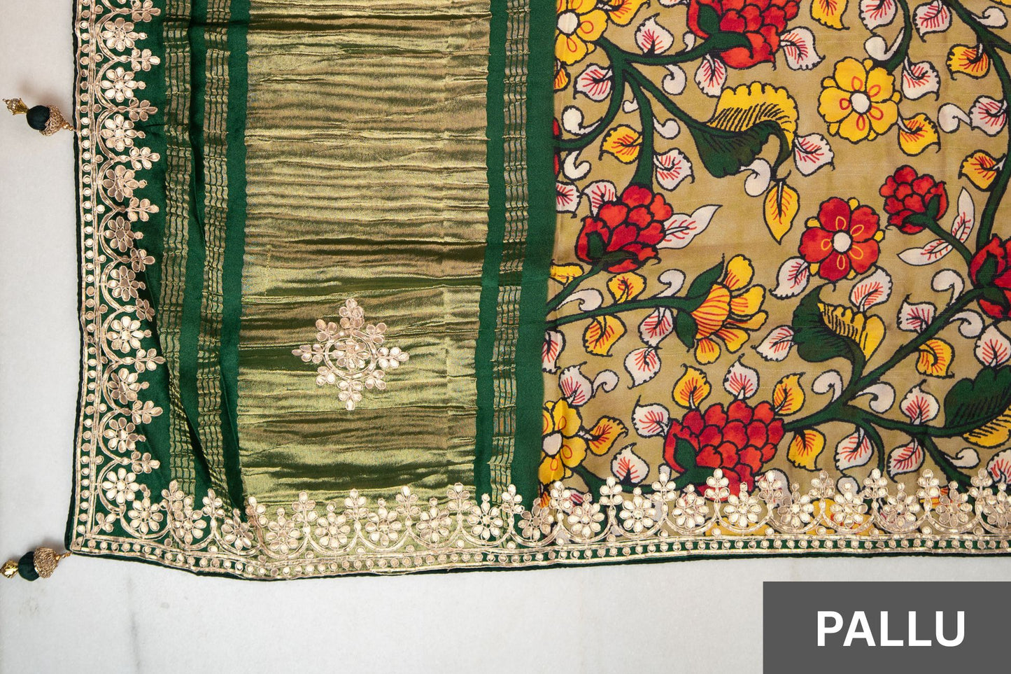 Ivory Heritage Shamu Gajji Silk Bandhani Saree with Gota Patti & Kalamkari Border