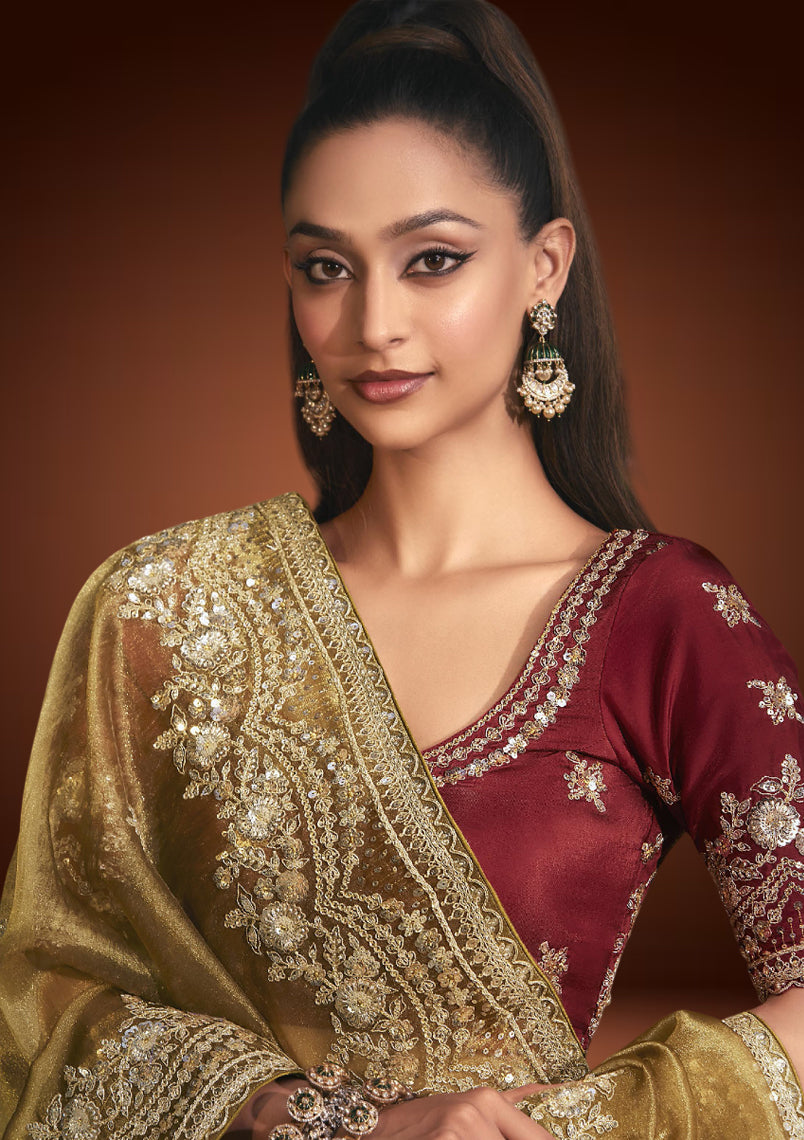 Golden Tissue Organza Saree with Sequin Work & Red Blouse