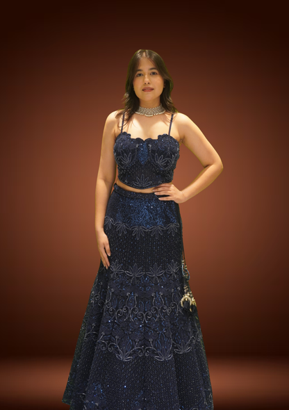 Midnight Glam Navy Blue Fish-Cut Lehenga Set