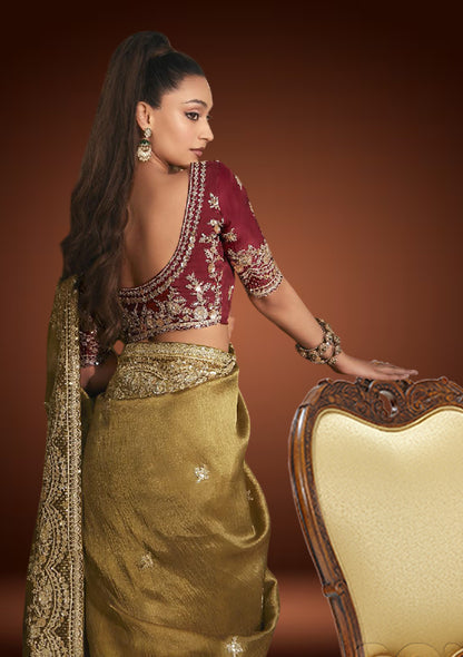 Golden Tissue Organza Saree with Sequin Work & Red Blouse