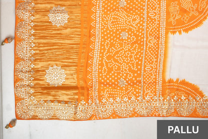 Ivory Orange Shamu Gajji Silk Bandhani Saree with Gota Patti Work