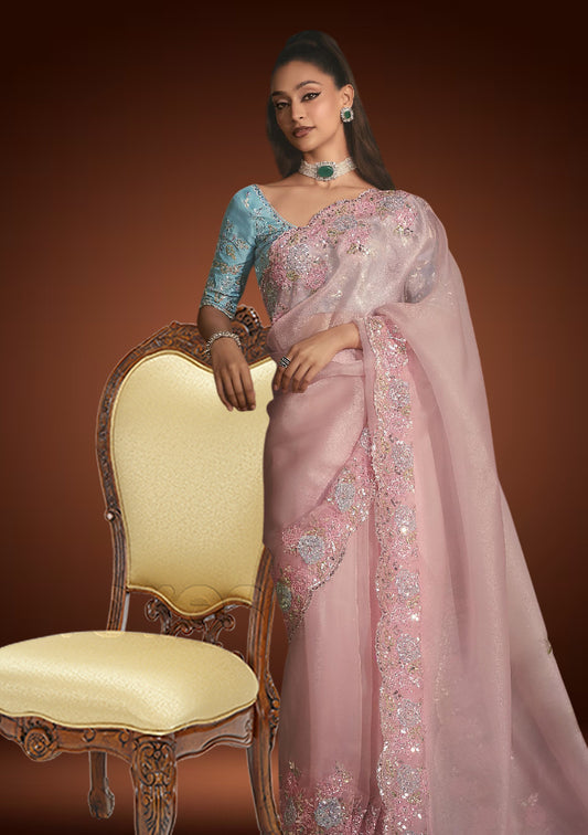 Pastel Pink Tissue Organza Saree with Sequin Resham Work & Blue Blouse