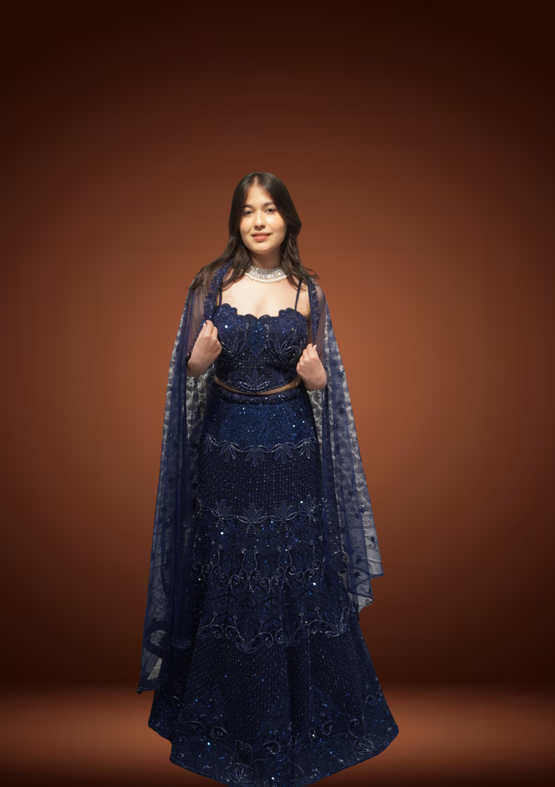 Midnight Glam Navy Blue Fish-Cut Lehenga Set