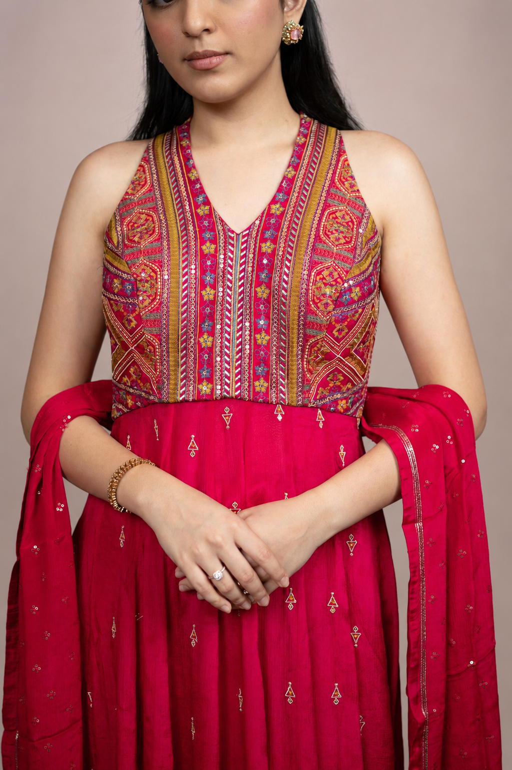 Ruby Pink Embroidered Anarkali Suit Set with Dupatta