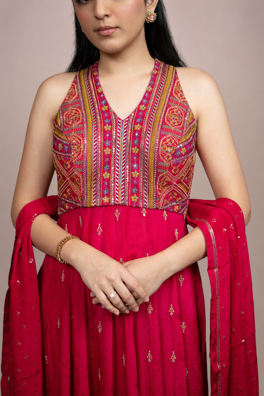 Ruby Pink Embroidered Anarkali Suit Set with Dupatta