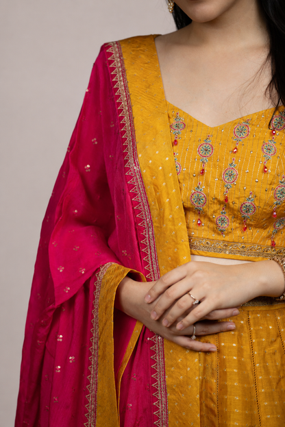 Mustard Yellow Embroidered Lehenga Set with Rani Pink Dupatta