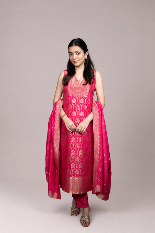 Fuchsia Pink Banarasi Straight Suit Set