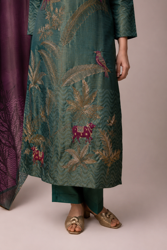 Forest Bloom Embroidered Straight Suit Set with Printed Dupatta