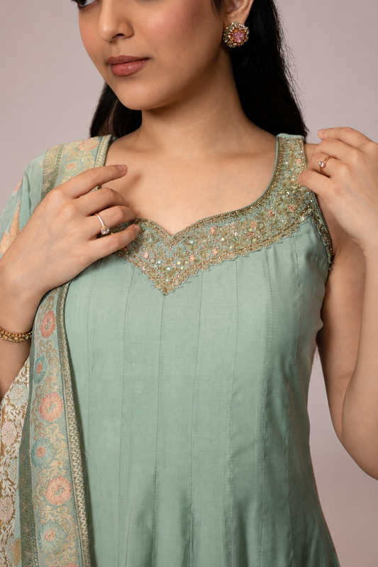 Mint Blossom Anarkali Suit Set with Floral Dupatta