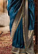 Load image into Gallery viewer, Blue Banarasi Silk Saree with Golden Zari Border
