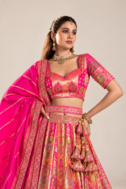 Royal Pink Gold Designer Lehenga Set with Magenta Dupatta