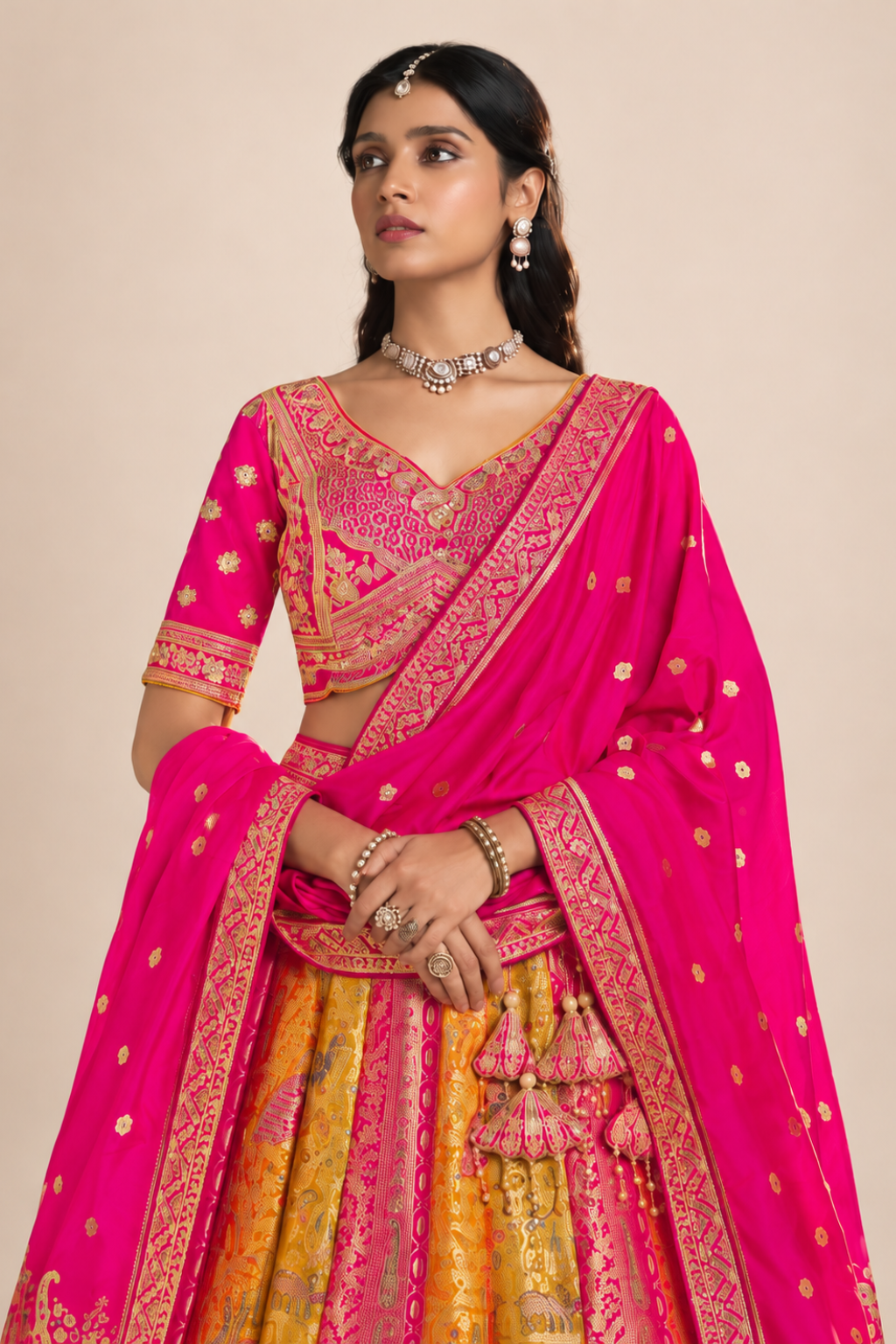 Royal Magenta Pink & Gold Embroidered Lehenga Set