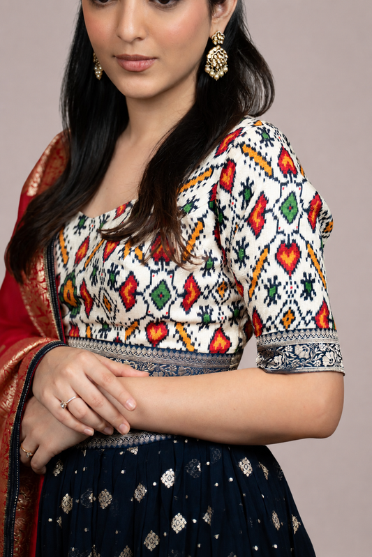 Navy Blue Printed Lehenga Set with Rani Pink Banarasi Dupatta