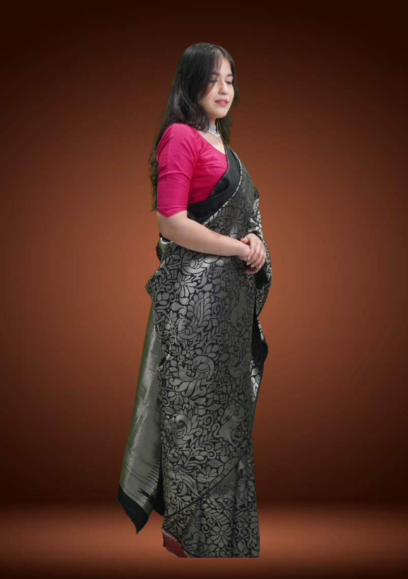 Classic Black Kanjivaram Silk Saree with Sikarka Jal Weave