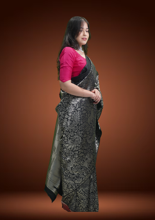 Classic Black Kanjivaram Silk Saree with Sikarka Jal Weave