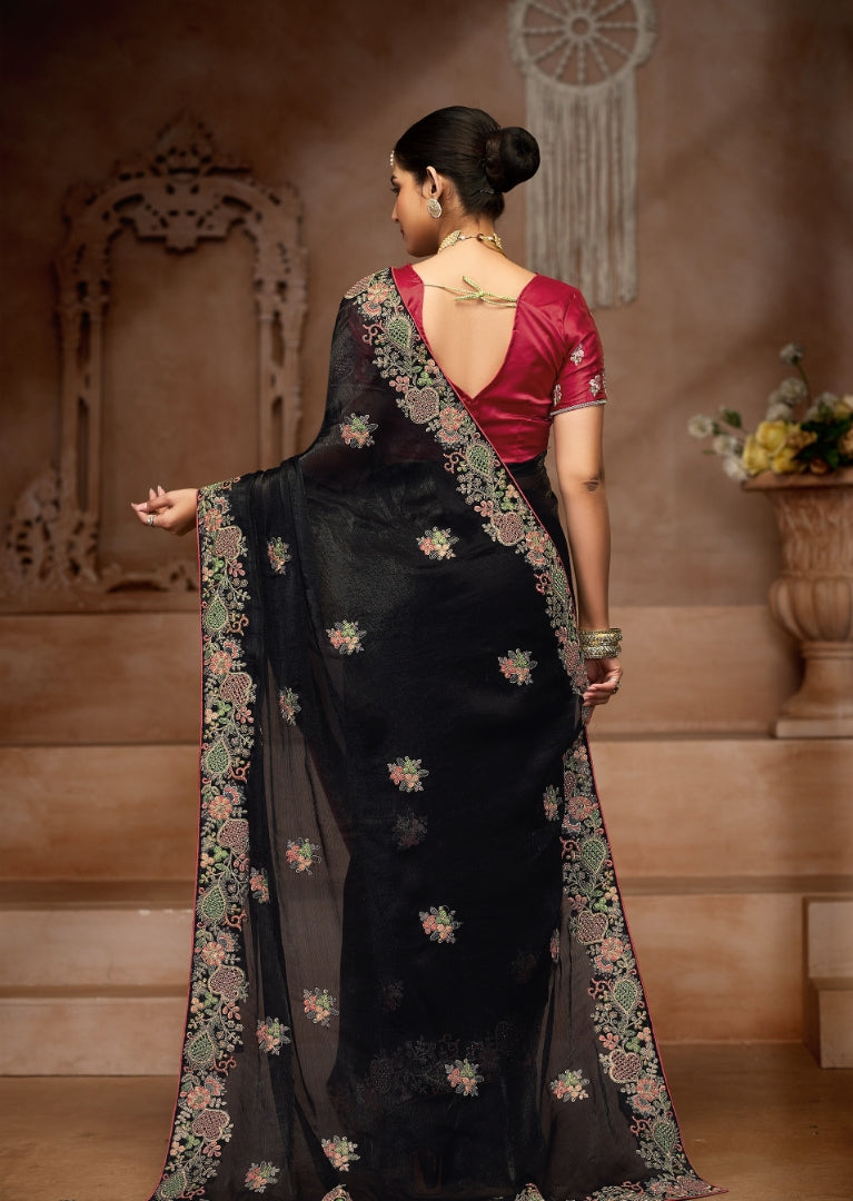 Black Georgette Saree with Floral Embroidery