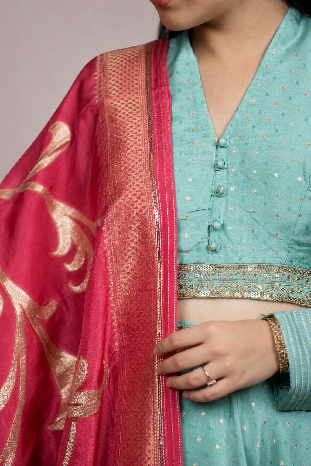 Aqua Blue Embroidered Lehenga Set with Rani PInk Banarasi Dupatta