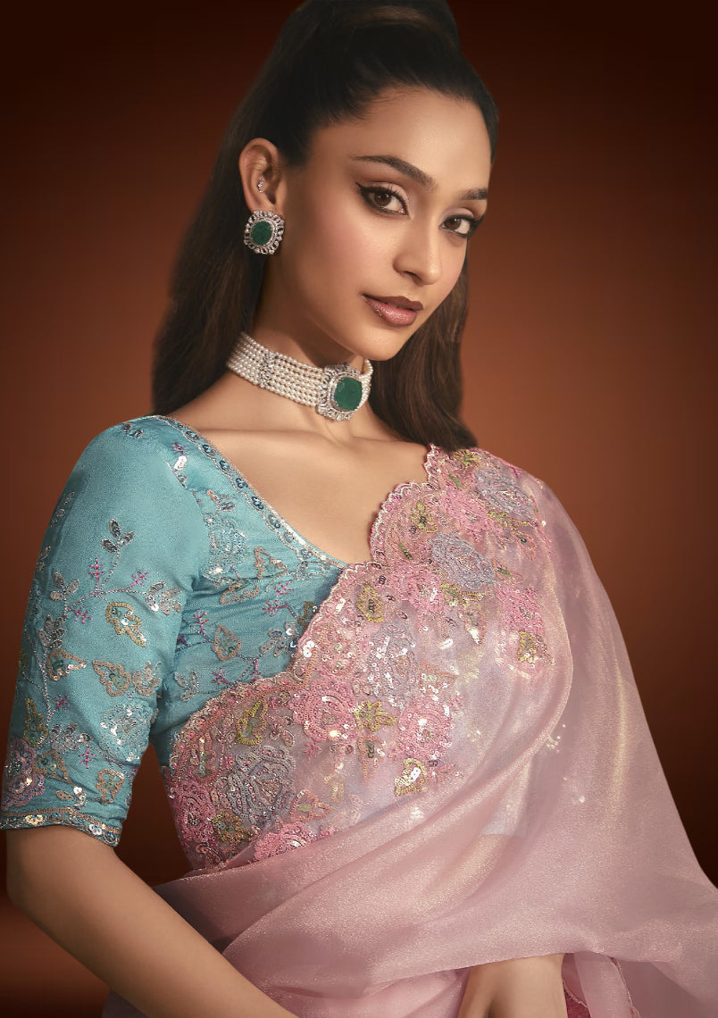 Pastel Pink Tissue Organza Saree with Sequin Resham Work & Blue Blouse