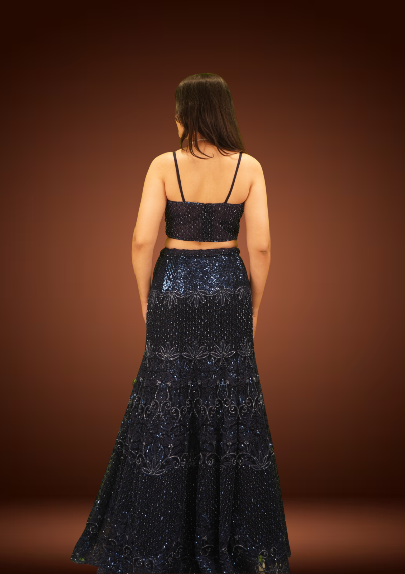 Midnight Glam Navy Blue Fish-Cut Lehenga Set