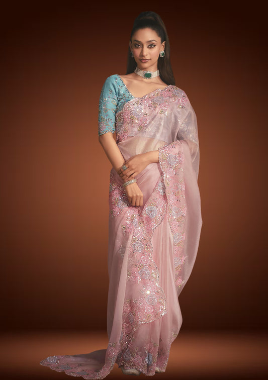 Pastel Pink Tissue Organza Saree with Sequin Resham Work & Blue Blouse