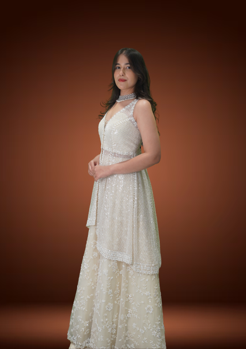 Ivory Pearl Net Indo-Western Ensemble
