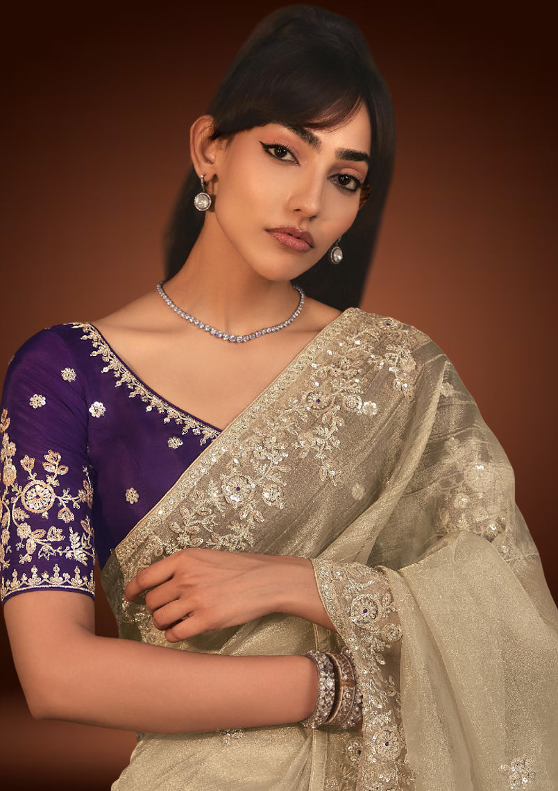 Beige Tissue Organza Saree with Sequin Resham Work & Royal Plum Blouse